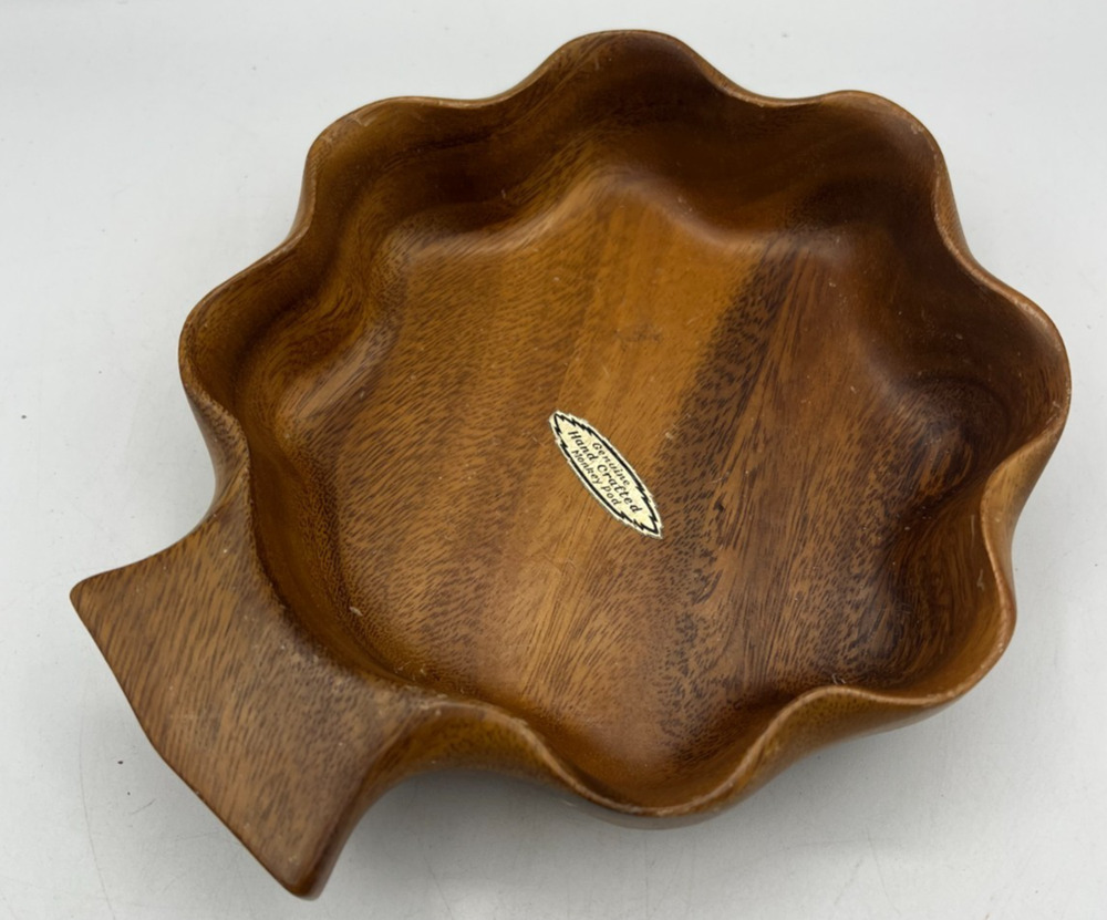 Japanese Monkey Pod Wood Leaf Bowl Hand Crafted Scalloped Dish Made in Japan